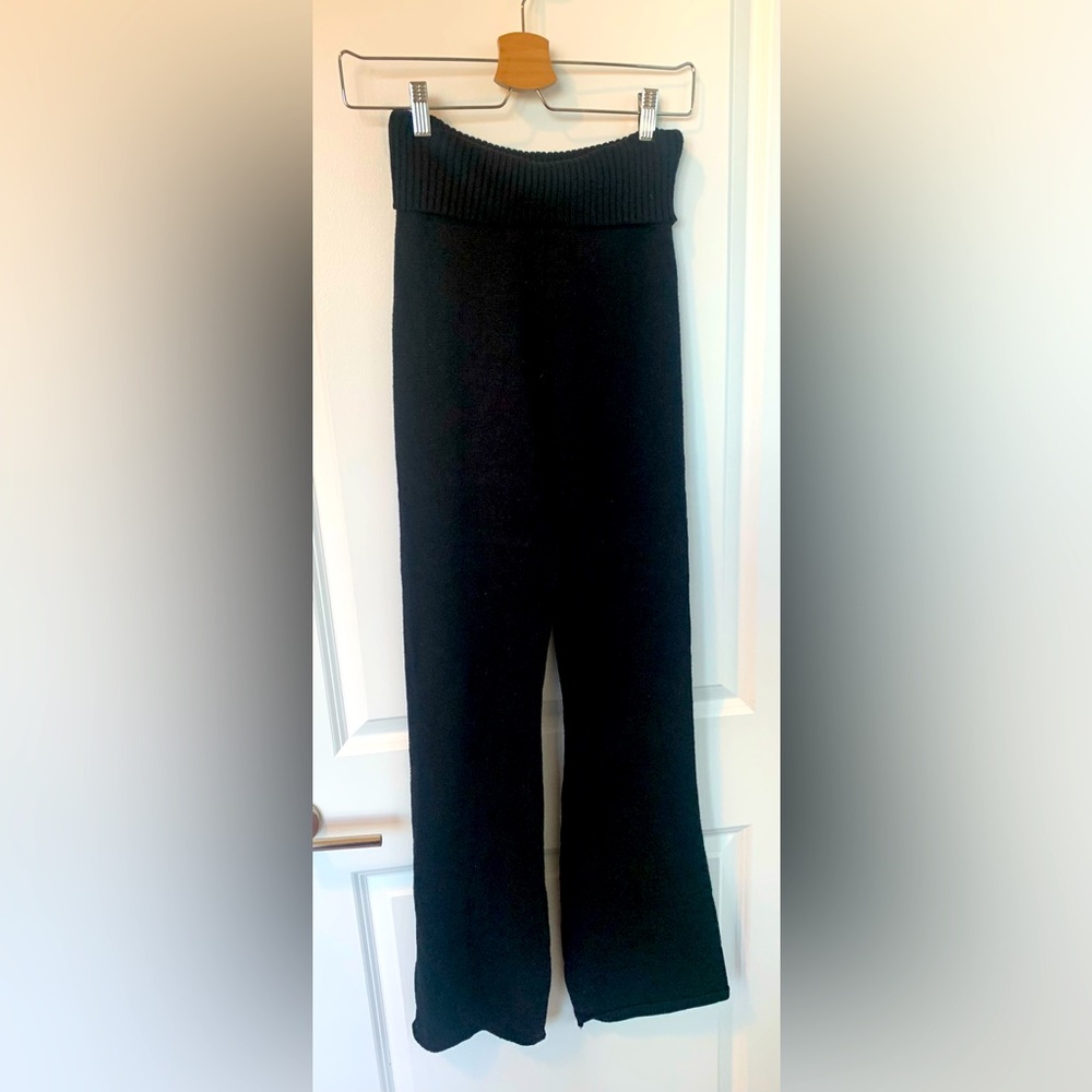 Black Ribbed Foldover Waist Knit Wide-Leg Pants